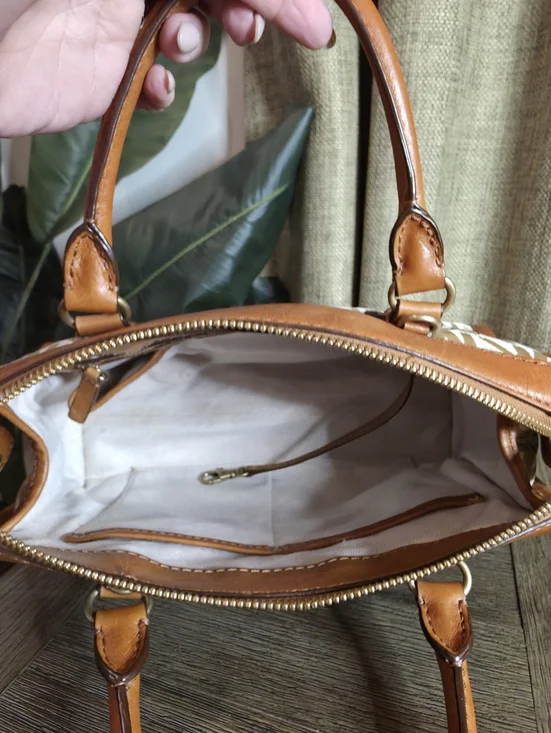 Michael Kors Beige Signature Logo Satchel with Brown Leather Trim - Picture 12 of 13